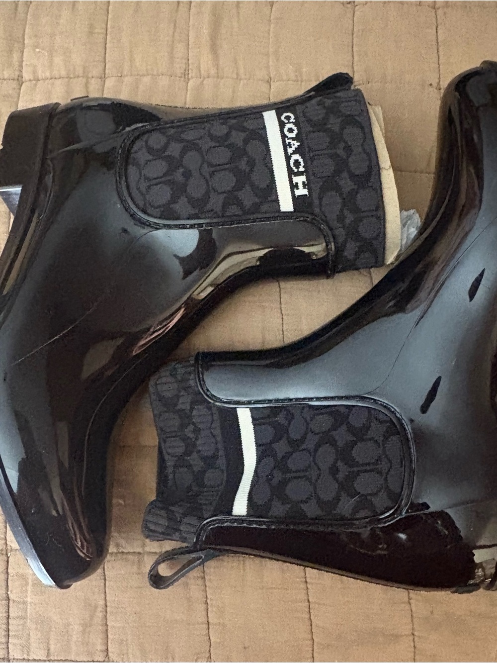 Coach Black Gloss Chelsea Rain Boots with Logo Knit Panels